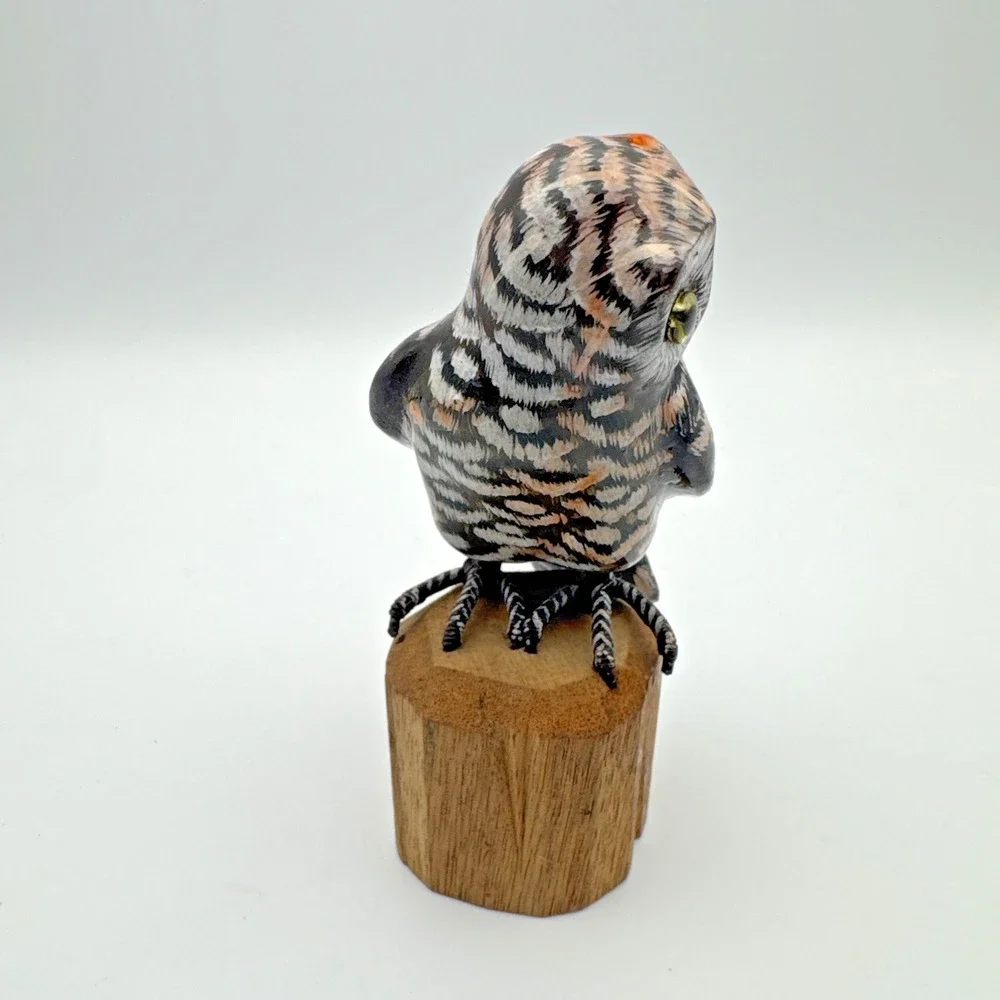 Hand Carved Wood Owl Sculpture Bird on Branch Hand Painted 4.25